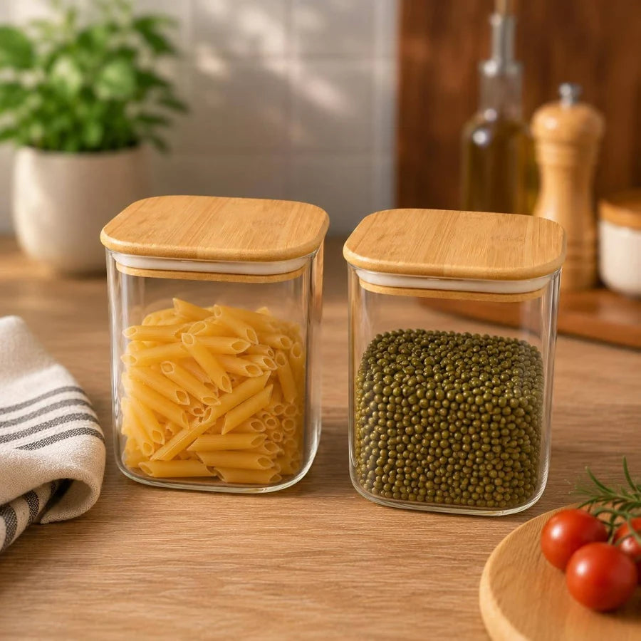 Airtight Square Glass Storage Jar with Bamboo