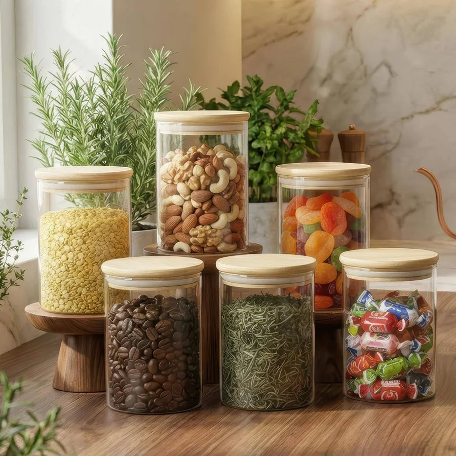 Borosilicate Glass Jars with Bamboo Lids (Set of 6)